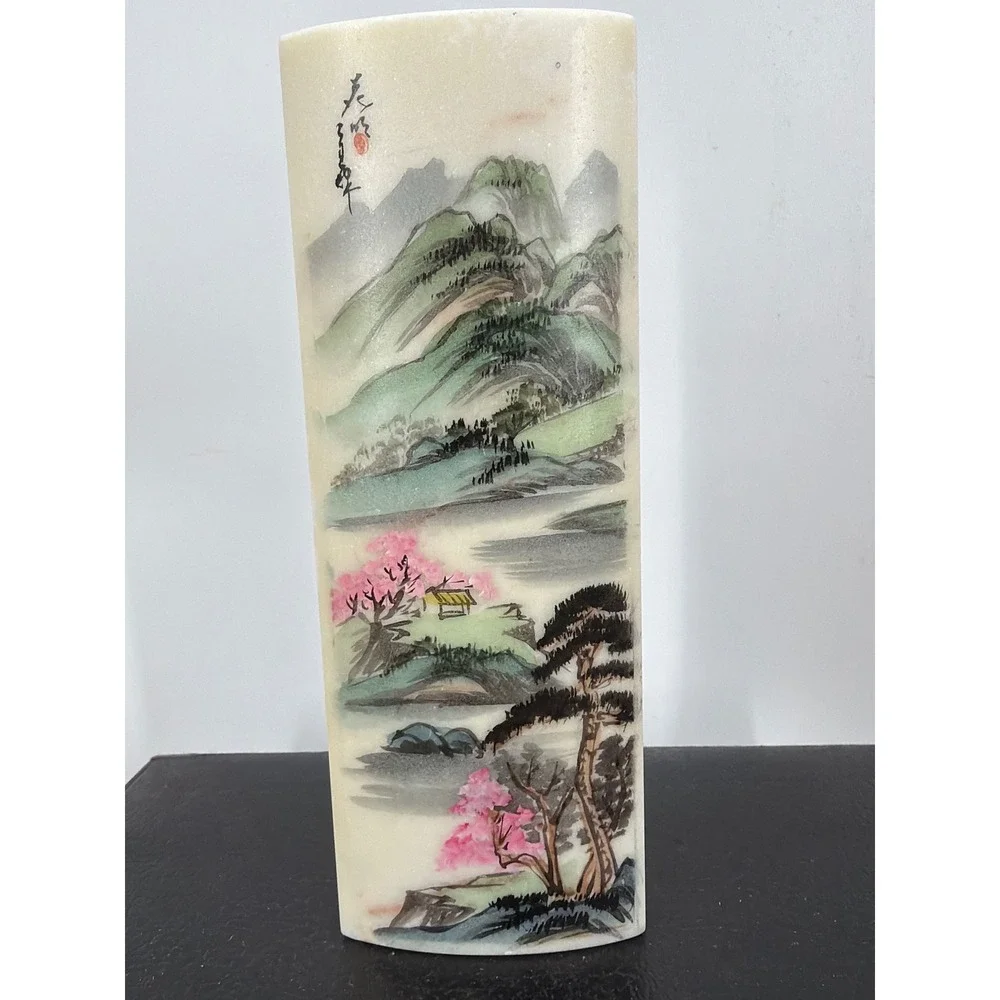 Chinese Hand Painted Marble Landscape Slab Mountain Cherry‎ Blossom Decor 6.5in